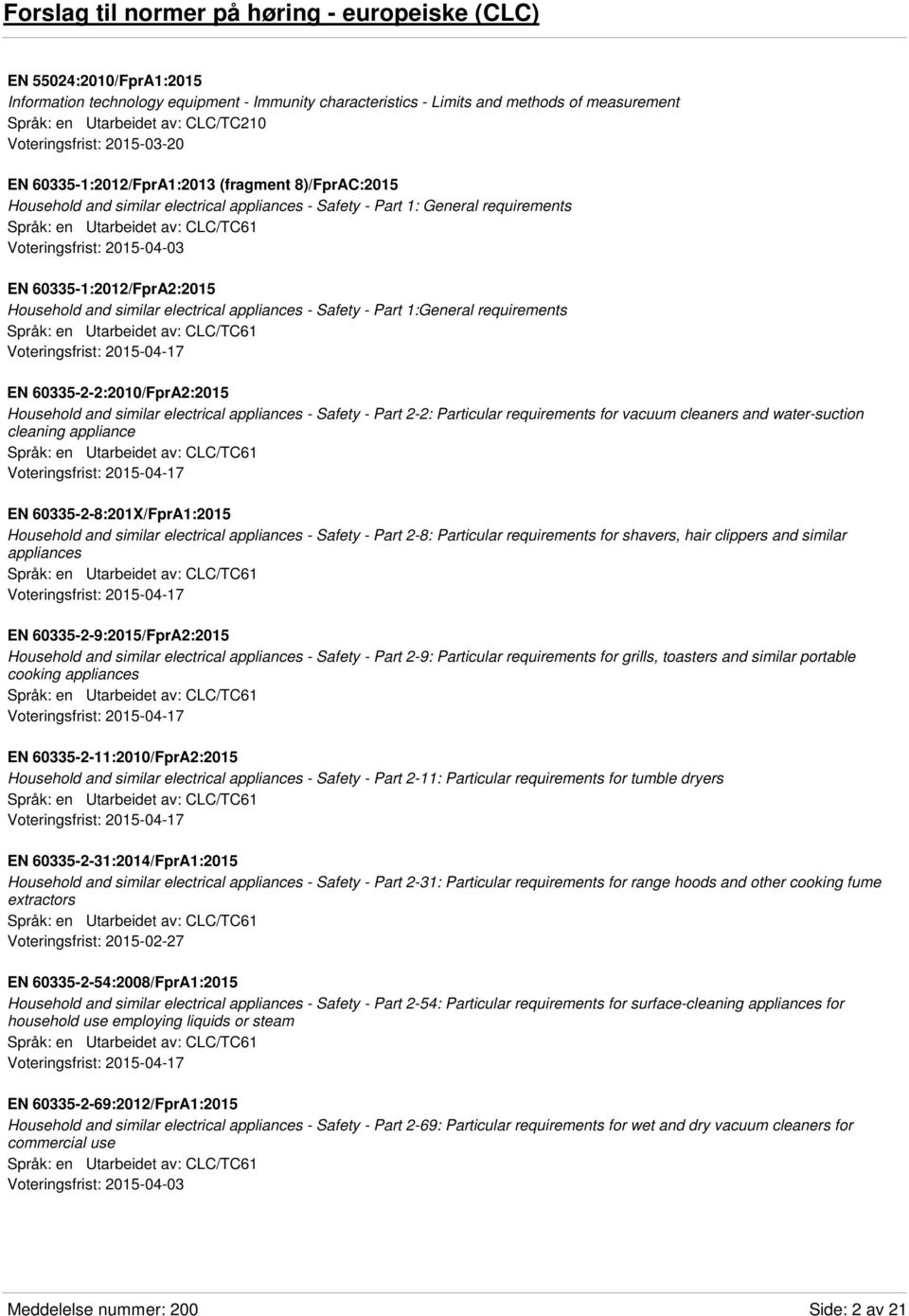 Household and similar electrical appliances - Safety - Part 1:General requirements EN 60335-2-2:2010/FprA2:2015 Household and similar electrical appliances - Safety - Part 2-2: Particular