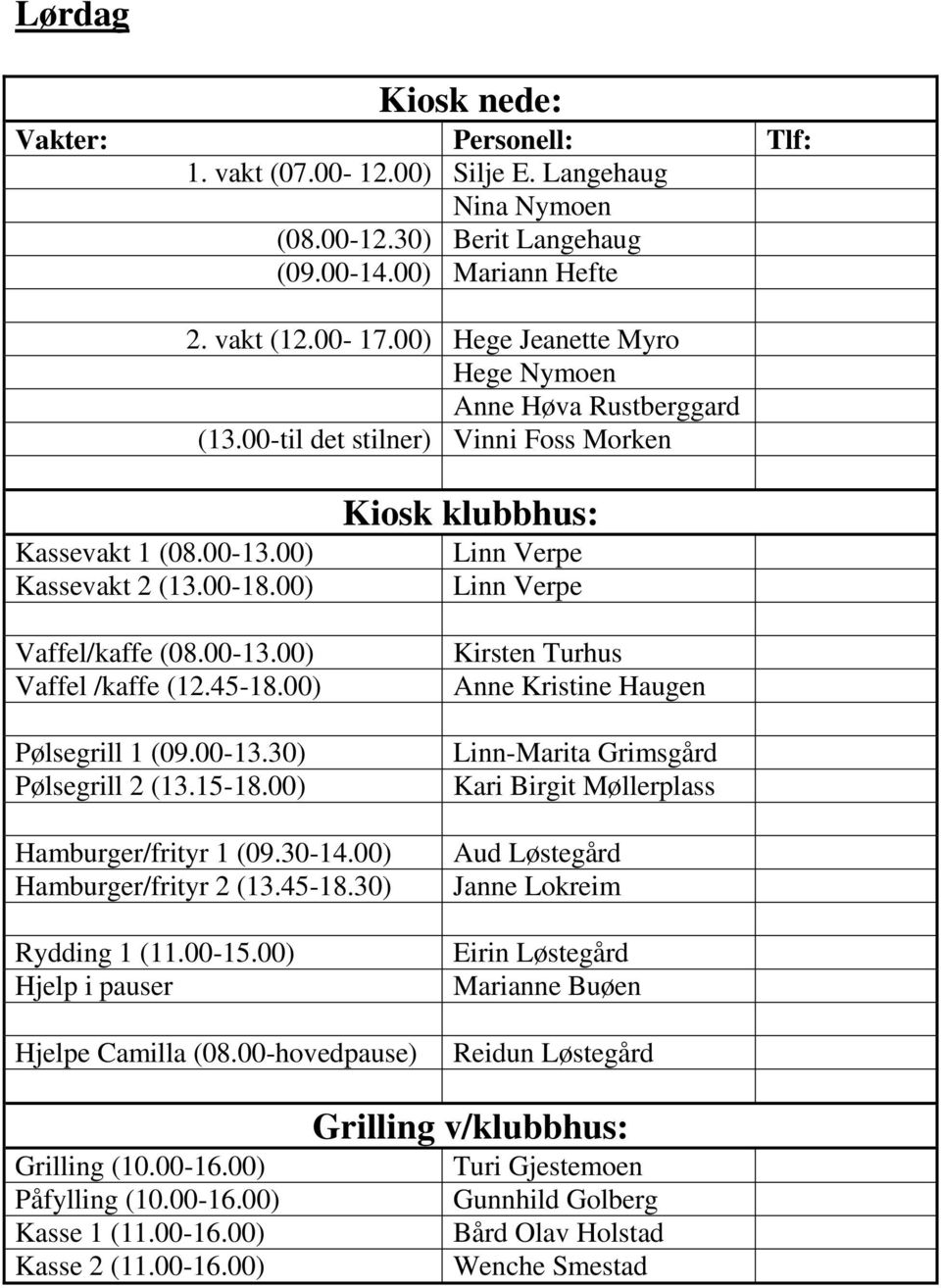 45-18.00) Pølsegrill 1 (09.00-13.30) Pølsegrill 2 (13.15-18.