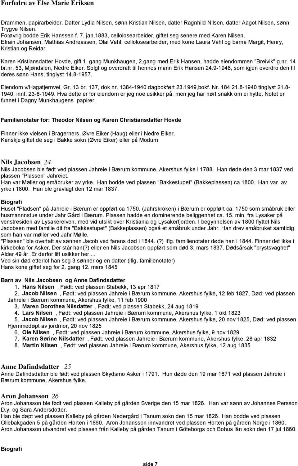 Karen Kristiansdatter Hovde, gift 1. gang Munkhaugen, 2.gang med Erik Hansen, hadde eiendommen "Breivik" g.nr. 14 br.nr. 53, Mjøndalen, Nedre Eiker. Solgt og overdratt til hennes mann Erik Hansen 24.