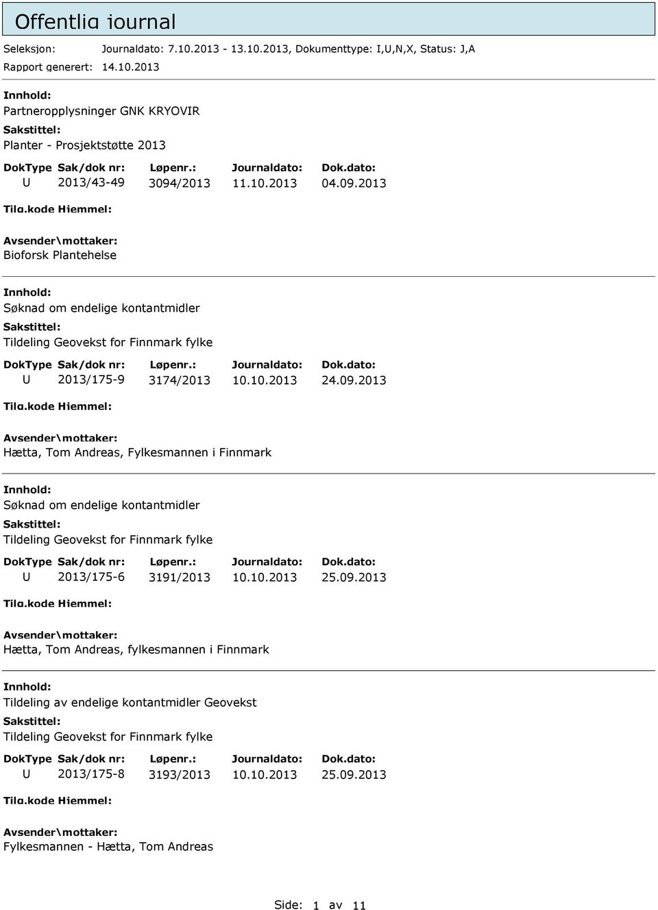 09.2013 Hætta, Tom Andreas, fylkesmannen i Finnmark Tildeling av endelige kontantmidler Geovekst Tildeling Geovekst for Finnmark fylke 2013/175-8 3193/2013 25.09.2013 Fylkesmannen - Hætta, Tom Andreas Side: 1 av 11