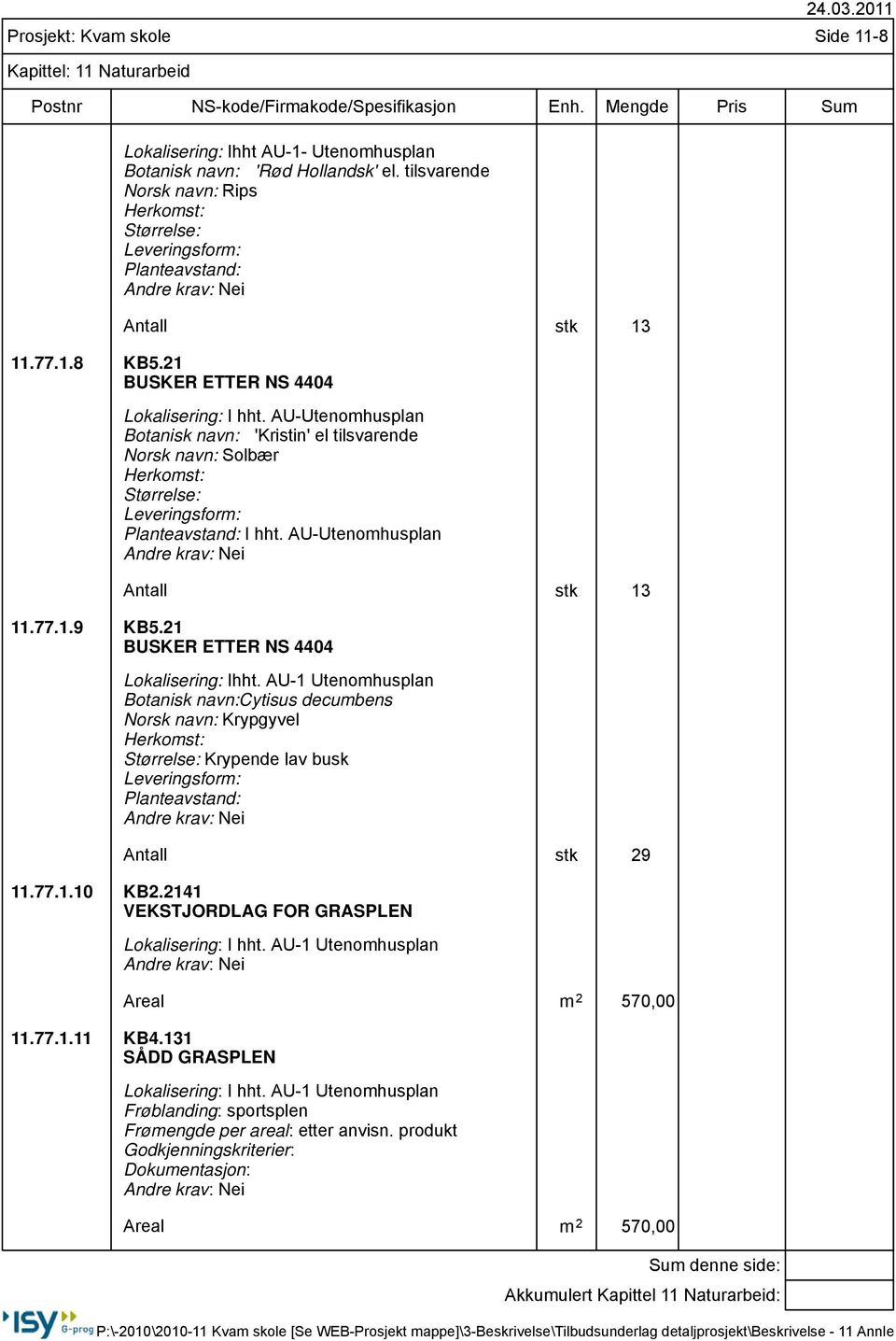 AU-Utenomhusplan Antall stk 13 11.77.1.9 KB5.21 BUSKER ETTER NS 4404 Lokalisering: Ihht.