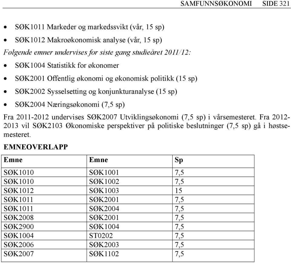 Utviklingsøkonomi (7,5 sp) i vårsemesteret. Fra 2012-2013 vil SØK2103 Økonomiske perspektiver på politiske beslutninger (7,5 sp) gå i høstsemesteret.