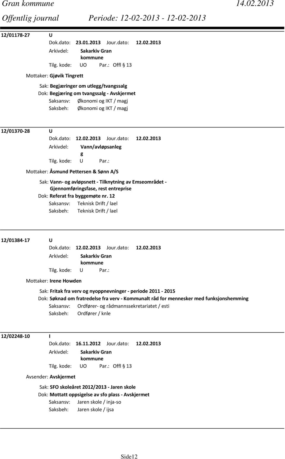 2013 Mottaker: Gjøvik Tingrett Sak: Begjæringer om utlegg/tvangssalg Dok: Begjæring om tvangssalg Avskjermet Saksansv: Økonomi og IKT / magj Saksbeh: Økonomi og IKT / magj 12/01370 28 U Arkivdel: