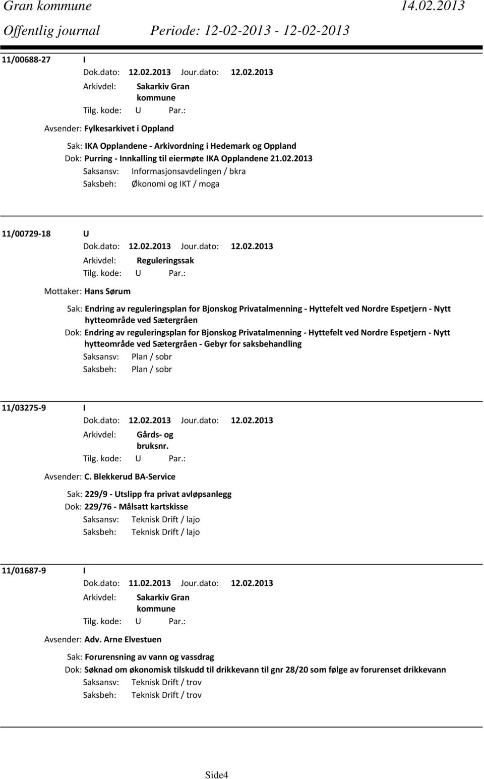 2013 Saksansv: Informasjonsavdelingen / bkra Saksbeh: Økonomi og IKT / moga 11/00729 18 U Arkivdel: Reguleringssak Mottaker: Hans Sørum Sak: Endring av reguleringsplan for Bjonskog Privatalmenning