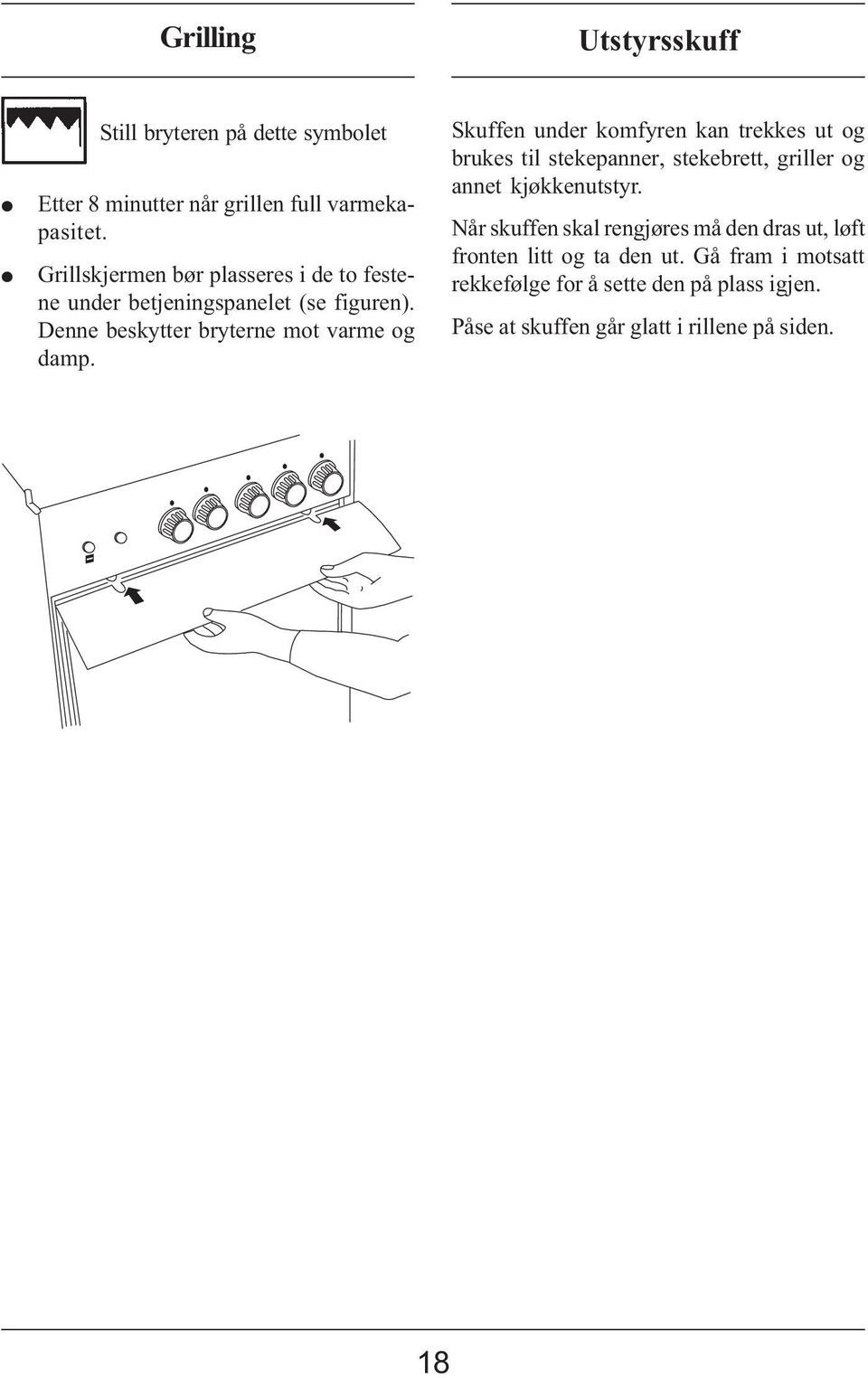 Skuffen under komfyren kan trekkes ut og brukes til stekepanner, stekebrett, griller og annet kjøkkenutstyr.