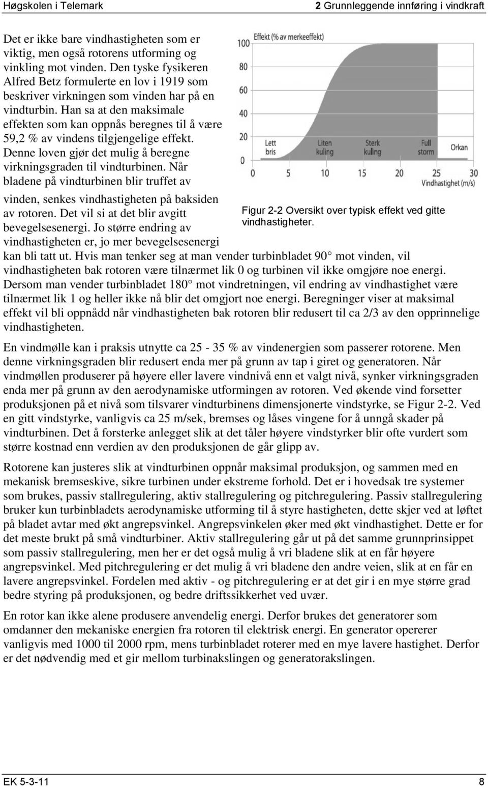 Han sa at den maksimale effekten som kan oppnås beregnes til å være 59,2 % av vindens tilgjengelige effekt. Denne loven gjør det mulig å beregne virkningsgraden til vindturbinen.