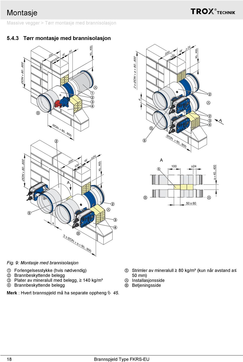 9: Montasje med brannisolasjon ① ② ③ ④ Forlengelsesstykke (hvis nødvendig) Brannbeskyttende belegg Plater av mineralull med belegg, 0 kg/m³ Brannbeskyttende