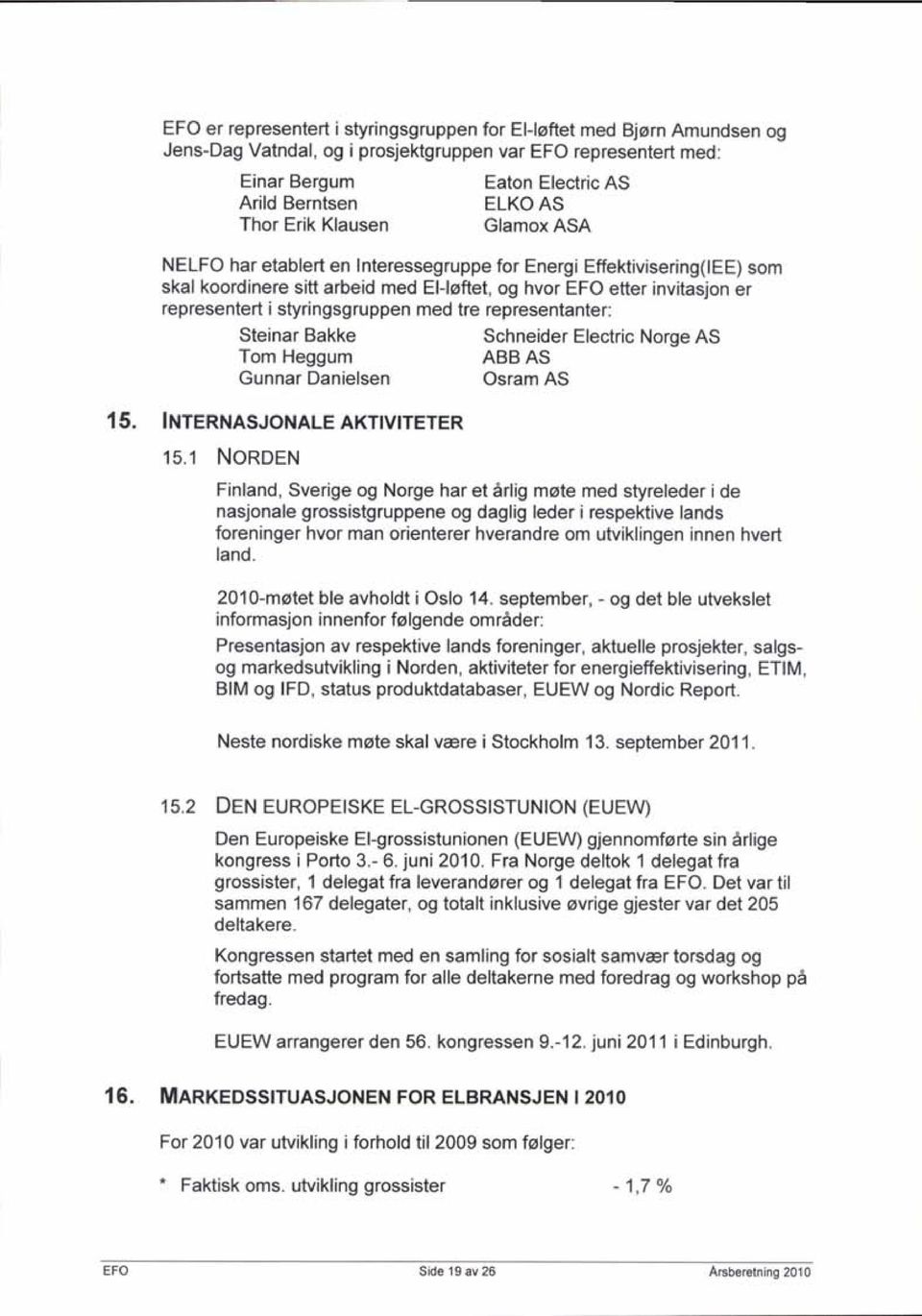 styringsgruppen med tre representanter: Steinar Bakke Schneider Electric Norge AS Tom Heggum ABBAS Osram AS Gunnar Danielsen 15. INTERNASJoNALEAKTIVITETER 15.