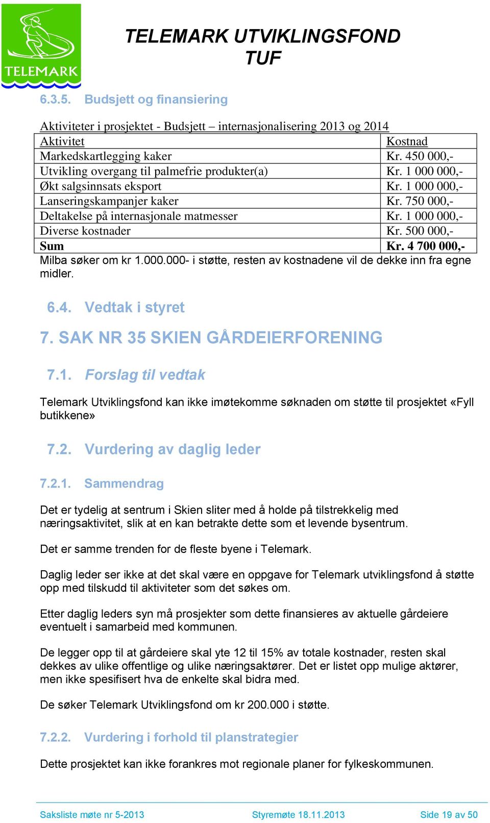 500,- Sum Kr. 4 700,- Milba søker om kr 1..- i støtte, resten av kostnadene vil de dekke inn fra egne midler. 6.4. Vedtak i styret 7. SAK NR 35 SKIEN GÅRDEIERFORENING 7.1. Forslag til vedtak Telemark Utviklingsfond kan ikke imøtekomme søknaden om støtte til prosjektet «Fyll butikkene» 7.