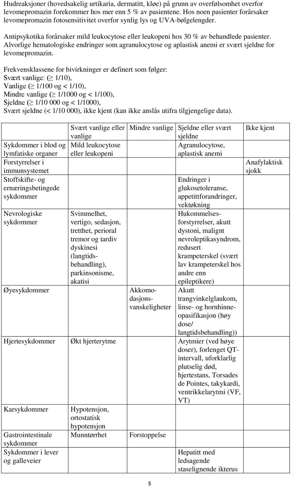 Alvorlige hematologiske endringer som agranulocytose og aplastisk anemi er svært sjeldne for levomepromazin.