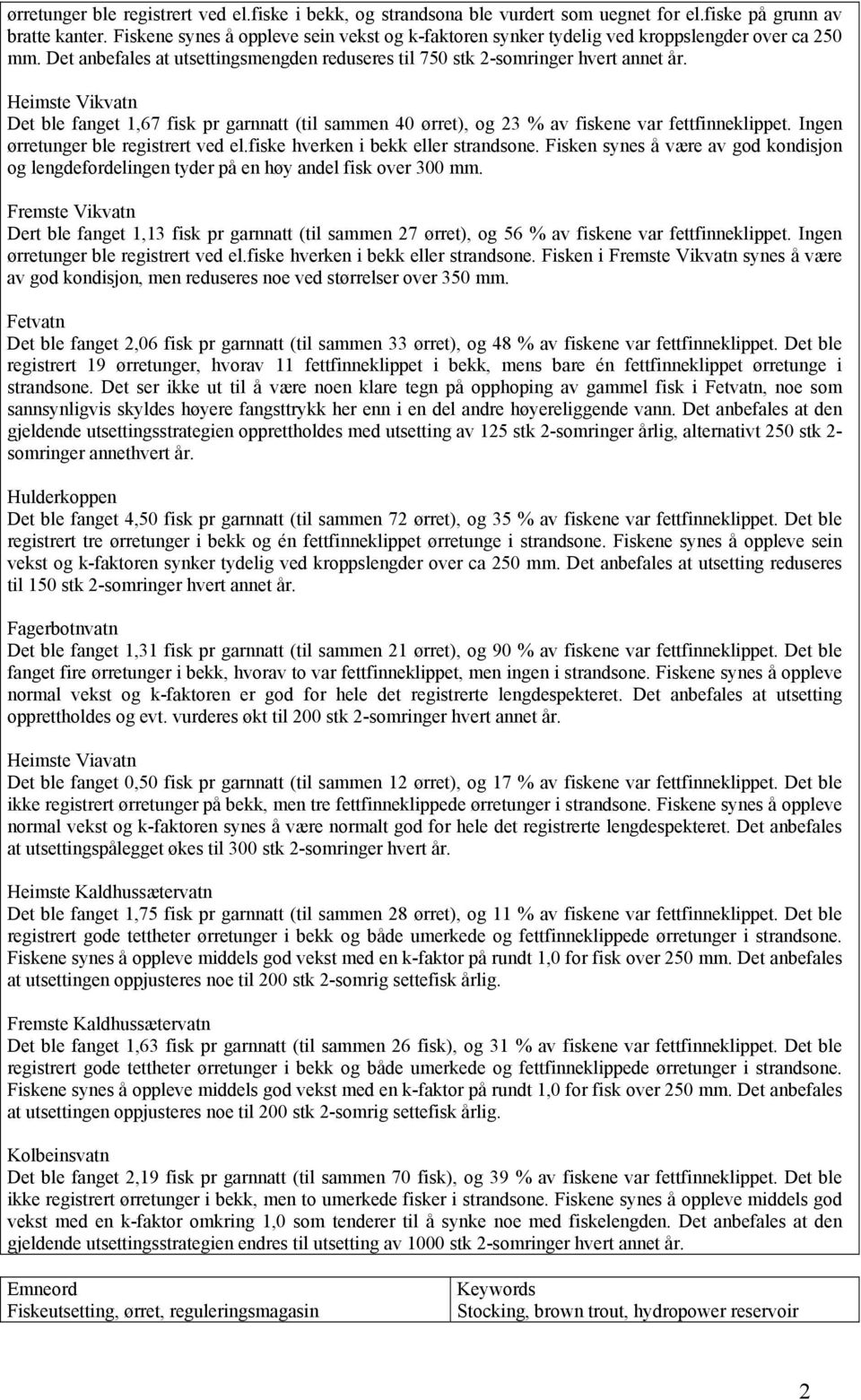 Heimste Vikvatn Det ble fanget 1,67 fisk pr garnnatt (til sammen 4 ørret), og 23 % av fiskene var fettfinneklippet. Ingen ørretunger ble registrert ved el.fiske hverken i bekk eller strandsone.