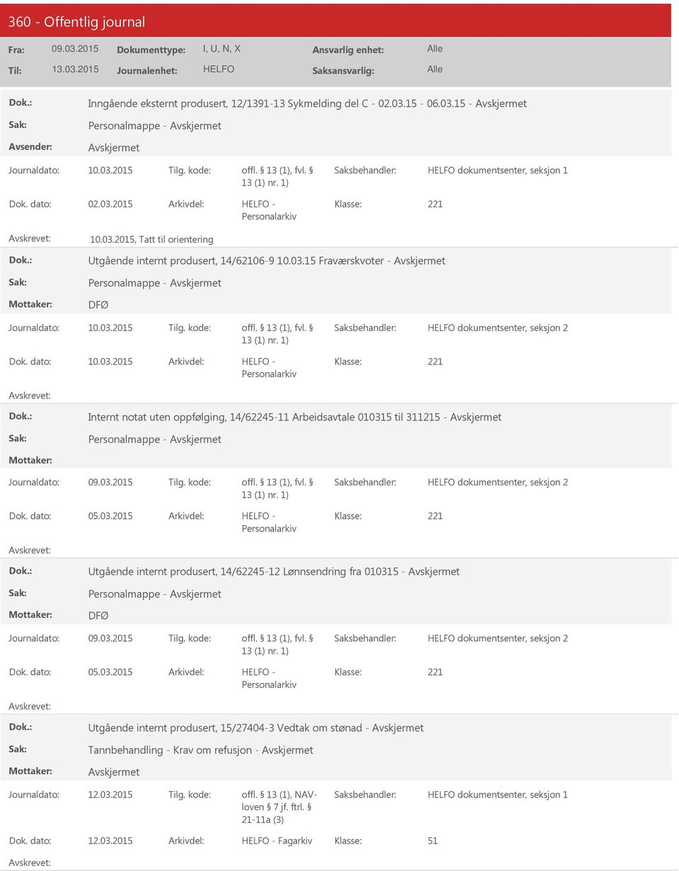 kode: dokumentsenter, seksjon 2 05.03.2015 221 Personalarkiv tgående internt produsert, 14/62245-12 Lønnsendring fra 010315 - Personalmappe - DFØ Journaldato: Tilg. kode: dokumentsenter, seksjon 2 05.