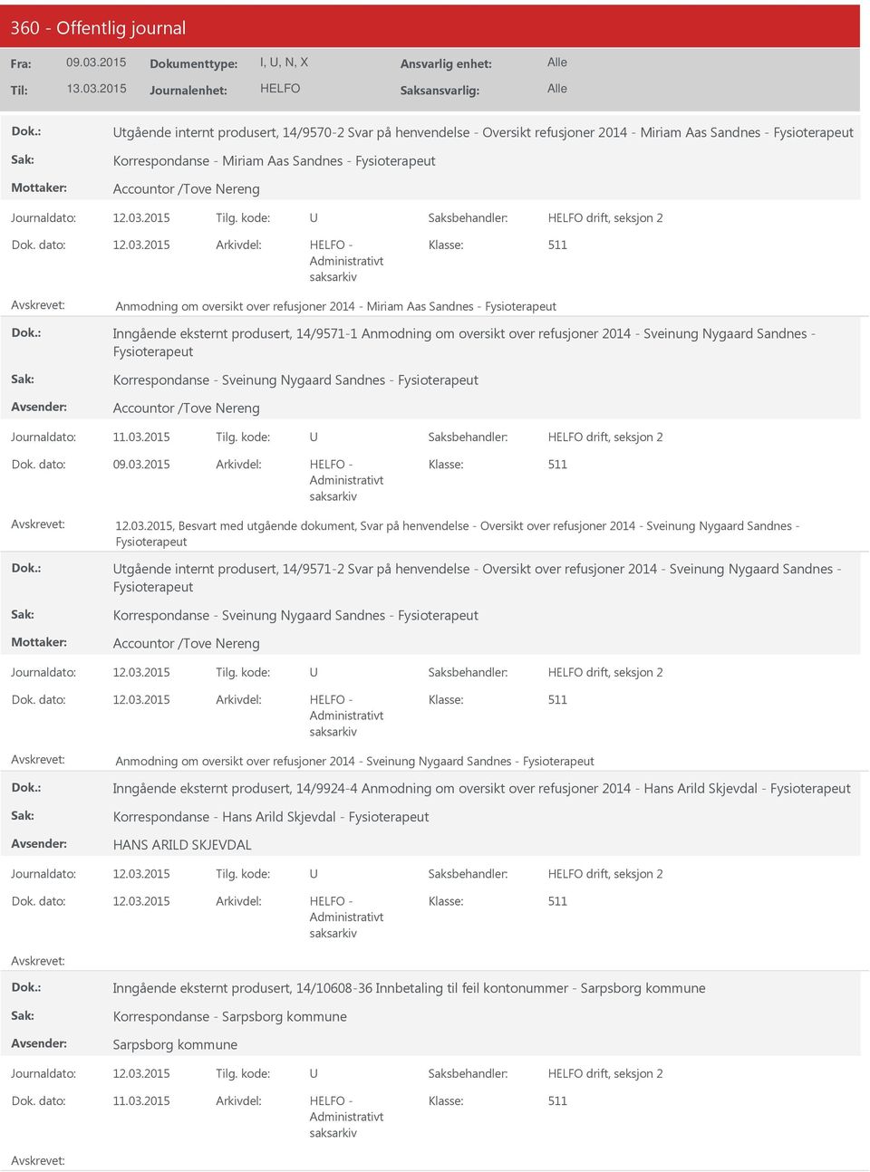 2015 Anmodning om oversikt over refusjoner 2014 - Miriam Aas Sandnes - Fysioterapeut Inngående eksternt produsert, 14/9571-1 Anmodning om oversikt over refusjoner 2014 - Sveinung Nygaard Sandnes -