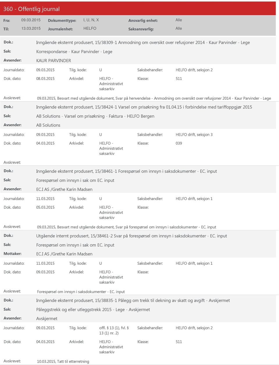 2015, Besvart med utgående dokument, Svar på henvendelse - Anmodning om oversikt over refusjoner 2014 - Kaur Parvinder - Lege Inngående eksternt produsert, 15/38424-1 Varsel om prisøkning fra 01.04.