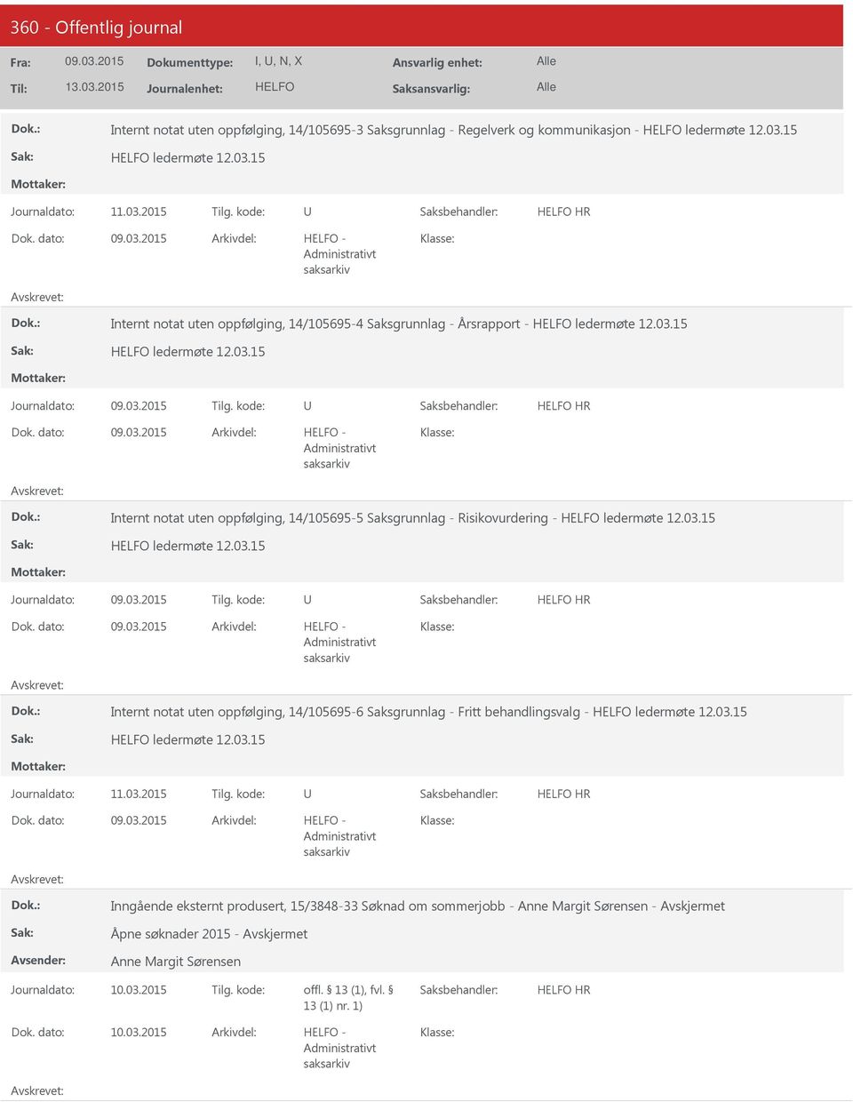 kode: HR Internt notat uten oppfølging, 14/105695-5 Saksgrunnlag - Risikovurdering - ledermøte 12.03.15 ledermøte 12.03.15 Journaldato: Tilg.