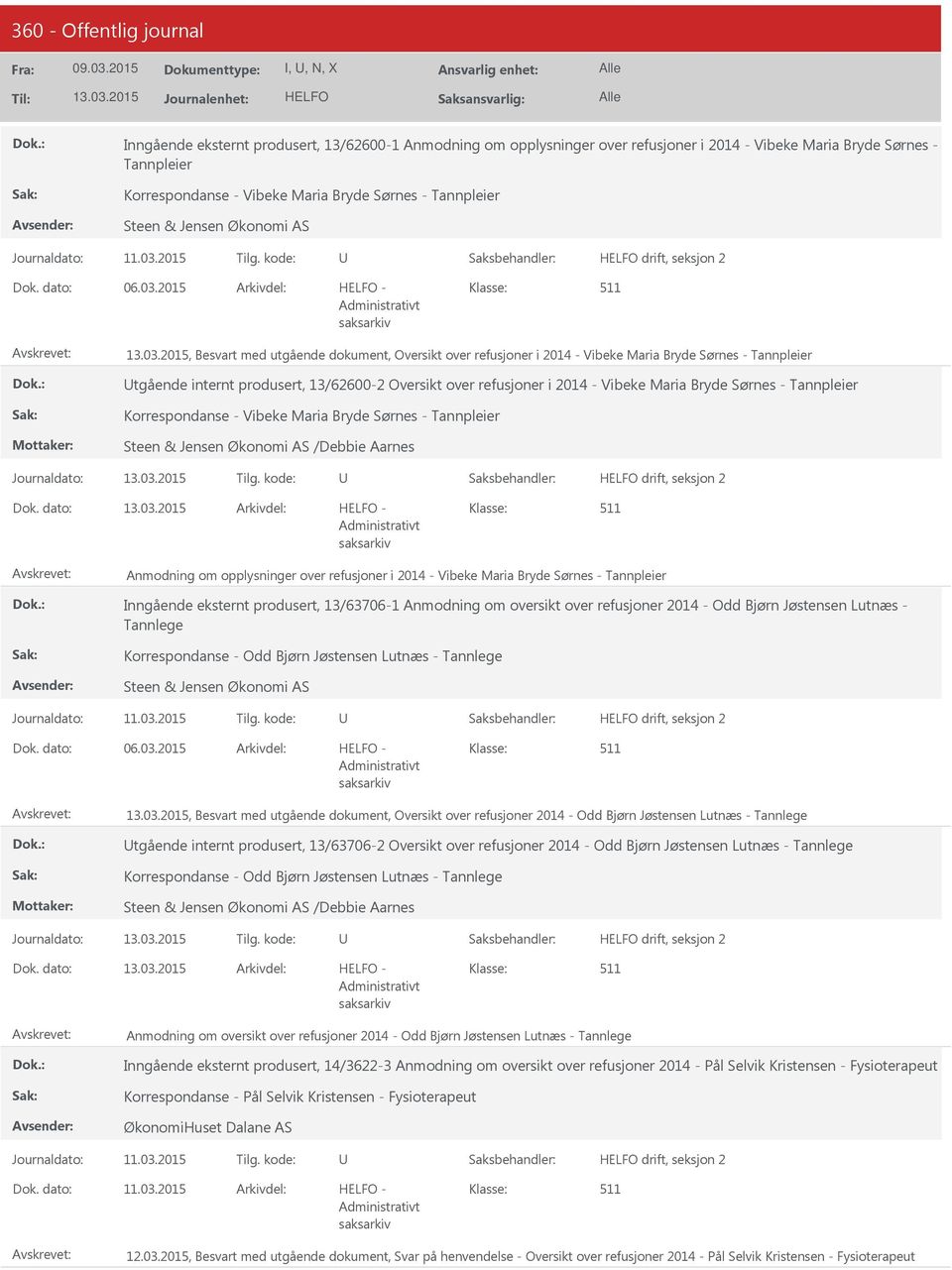 2015, Besvart med utgående dokument, Oversikt over refusjoner i 2014 - Vibeke Maria Bryde Sørnes - Tannpleier tgående internt produsert, 13/62600-2 Oversikt over refusjoner i 2014 - Vibeke Maria