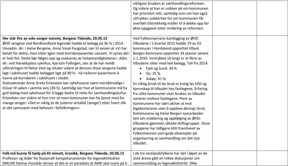 innføring av reformen. Her står fire av seks senger tomme, Bergens Tidende, 29.05.15 ØHD sengene ved Nordhordland legevakt hadde et belegg på 36 % i 2014. Viseadm. dir.