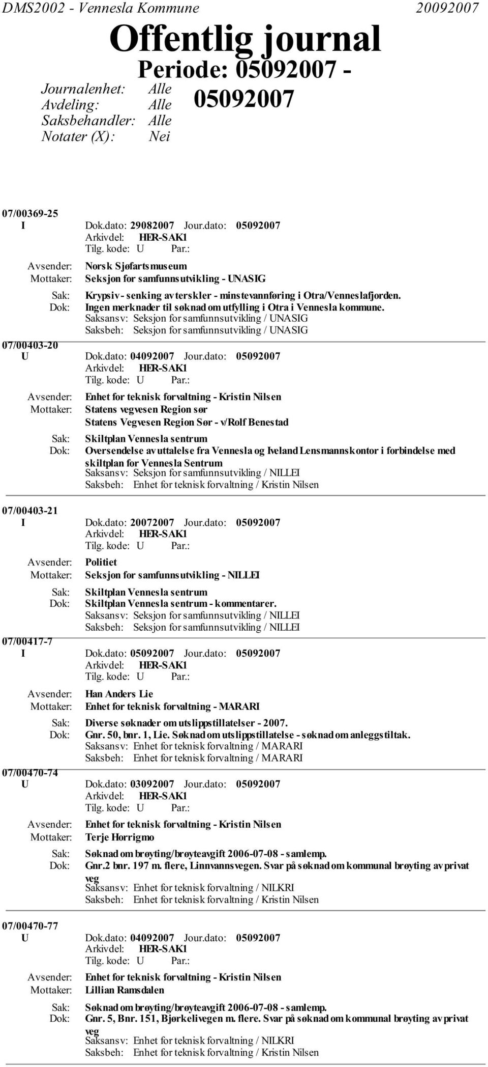 Ingen merknader til søknad om utfylling i Otra i Vennesla kommune. Saksansv: Seksjon for samfunnsutvikling / UNASIG Saksbeh: Seksjon for samfunnsutvikling / UNASIG 07/00403-20 U Dok.