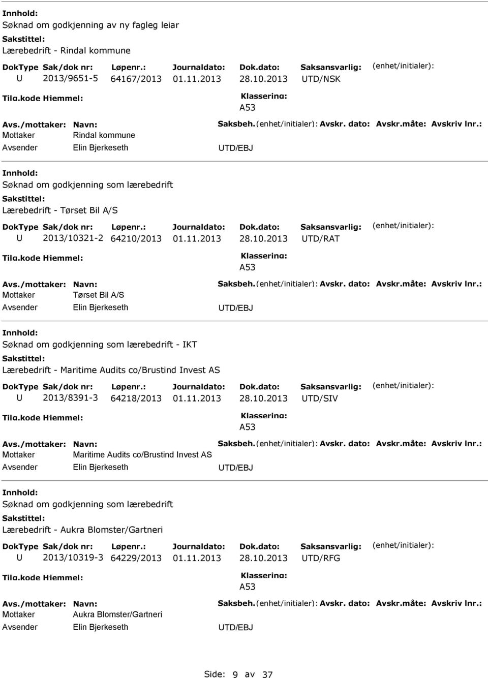 dato: Avskr.måte: Avskriv lnr.: Mottaker Tørset Bil A/S Elin Bjerkeseth TD/EBJ Søknad om godkjenning som lærebedrift - KT Lærebedrift - Maritime Audits co/brustind nvest AS 2013/8391-3 64218/2013 28.