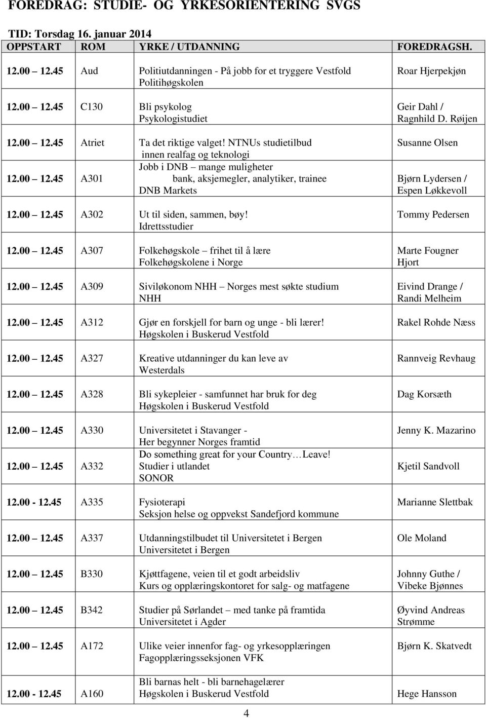 Idrettsstudier 12.00 12.45 A307 Folkehøgskole frihet til å lære Folkehøgskolene i Norge 12.00 12.45 A309 Siviløkonom NHH Norges mest søkte studium NHH 12.00 12.45 A312 Gjør en forskjell for barn og unge - bli lærer!