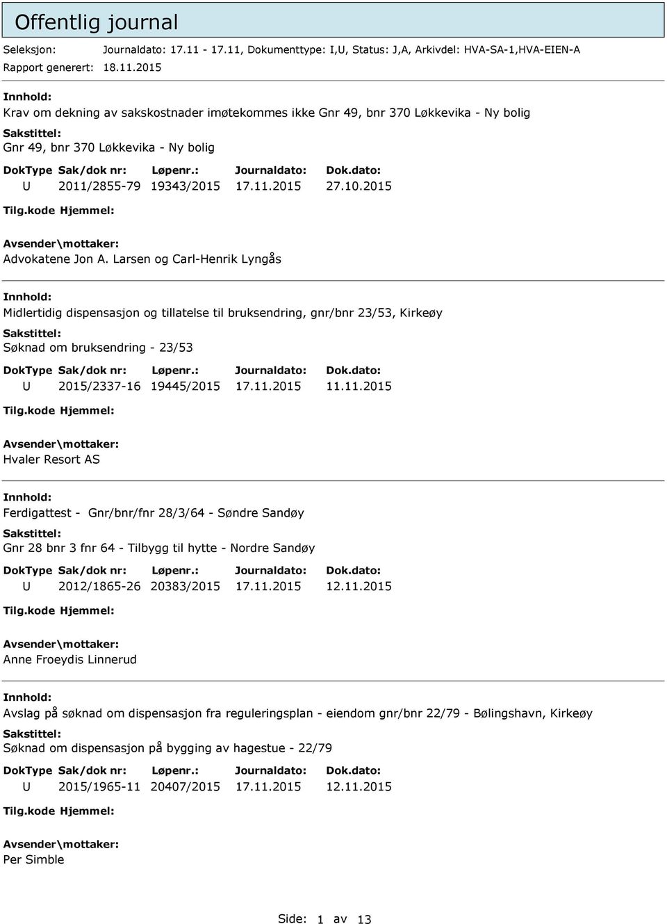 10.2015 Advokatene Jon A. Larsen og Carl-Henrik Lyngås Midlertidig dispensasjon og tillatelse til bruksendring, gnr/bnr 23/53, Kirkeøy Søknad om bruksendring - 23/53 2015/2337-16 19445/2015 11.