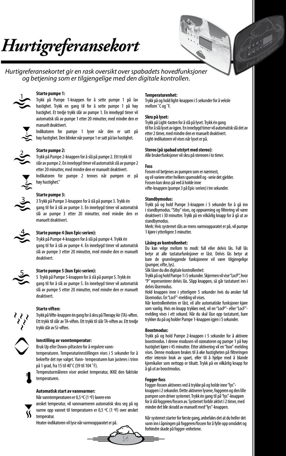 functions and The The Quick Quick Reference Card provides quick overview of your spa s main functions and Starting Starte Reference pumpe Pump the 1: operations Card provides accessible a quick with