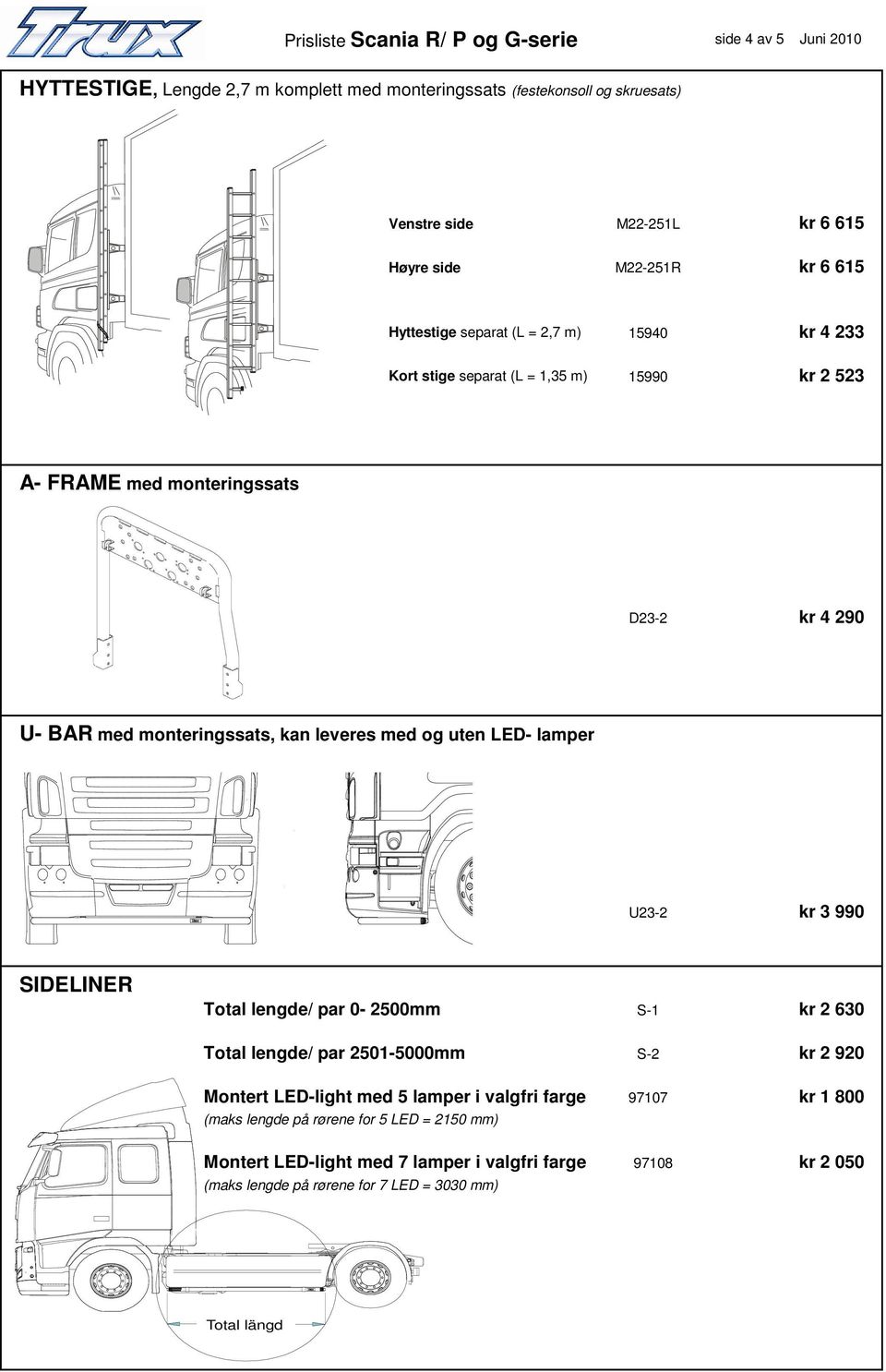 kan leveres med og uten LED- lamper U2-2 kr 990 SIDELINER Total lengde/ par 0-2500mm Total lengde/ par 2501-5000mm Montert LED-light med 5 lamper i valgfri farge (maks lengde på