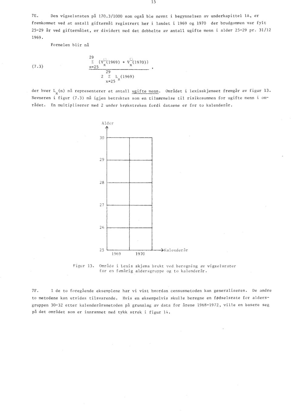 med det dobbelte av antall ugifte menn i alder 25-29 pr. 31/12 1969. Formelen blir nå (7.3) 29 E (v(1969) + V (1970)1 X =25 29 2 1 L (1969) =25 der hver L (n) nå representerer et antall ugifte menn.