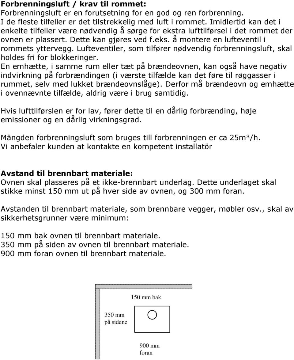 Lufteventiler, som tilfører nødvendig forbrenningsluft, skal holdes fri for blokkeringer.