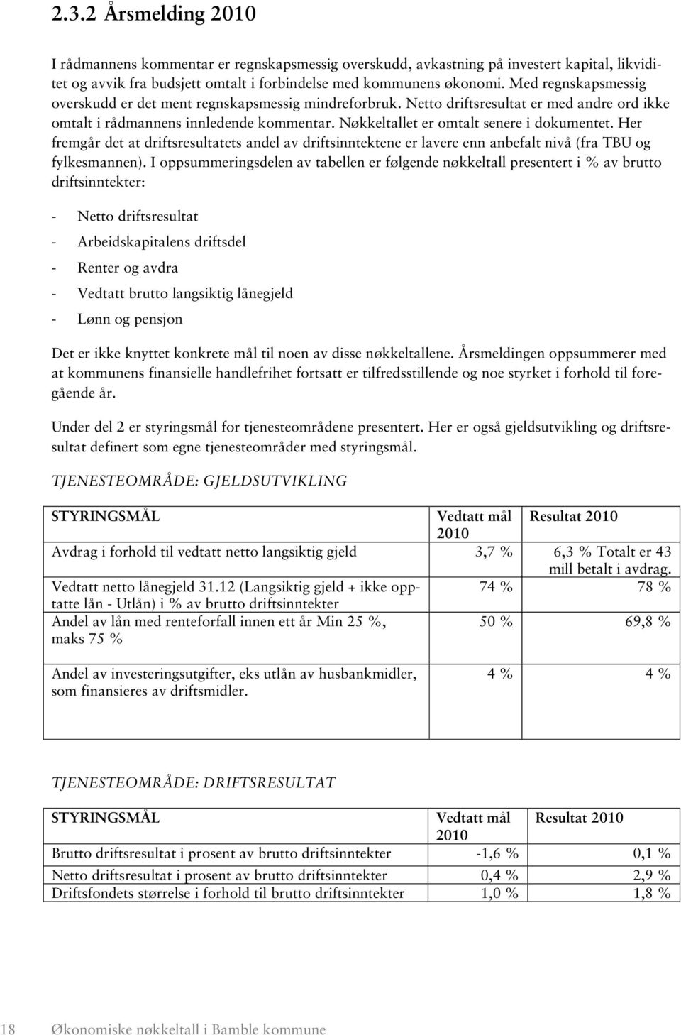 Nøkkeltallet er omtalt senere i dokumentet. Her fremgår det at driftsresultatets andel av driftsinntektene er lavere enn anbefalt nivå (fra TBU og fylkesmannen).