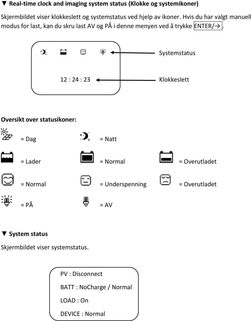 Systemstatus 12 : 24 : 23 Klokkeslett Oversikt over statusikoner: = Dag = Natt = Lader = Normal = Overutladet = Normal =