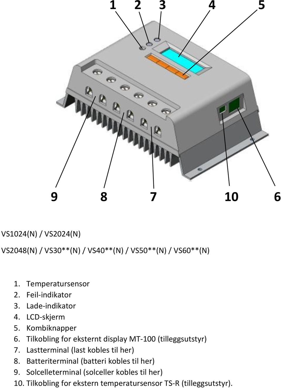 Tilkobling for eksternt display MT-100 (tilleggsutstyr) 7. Lastterminal (last kobles til her) 8.