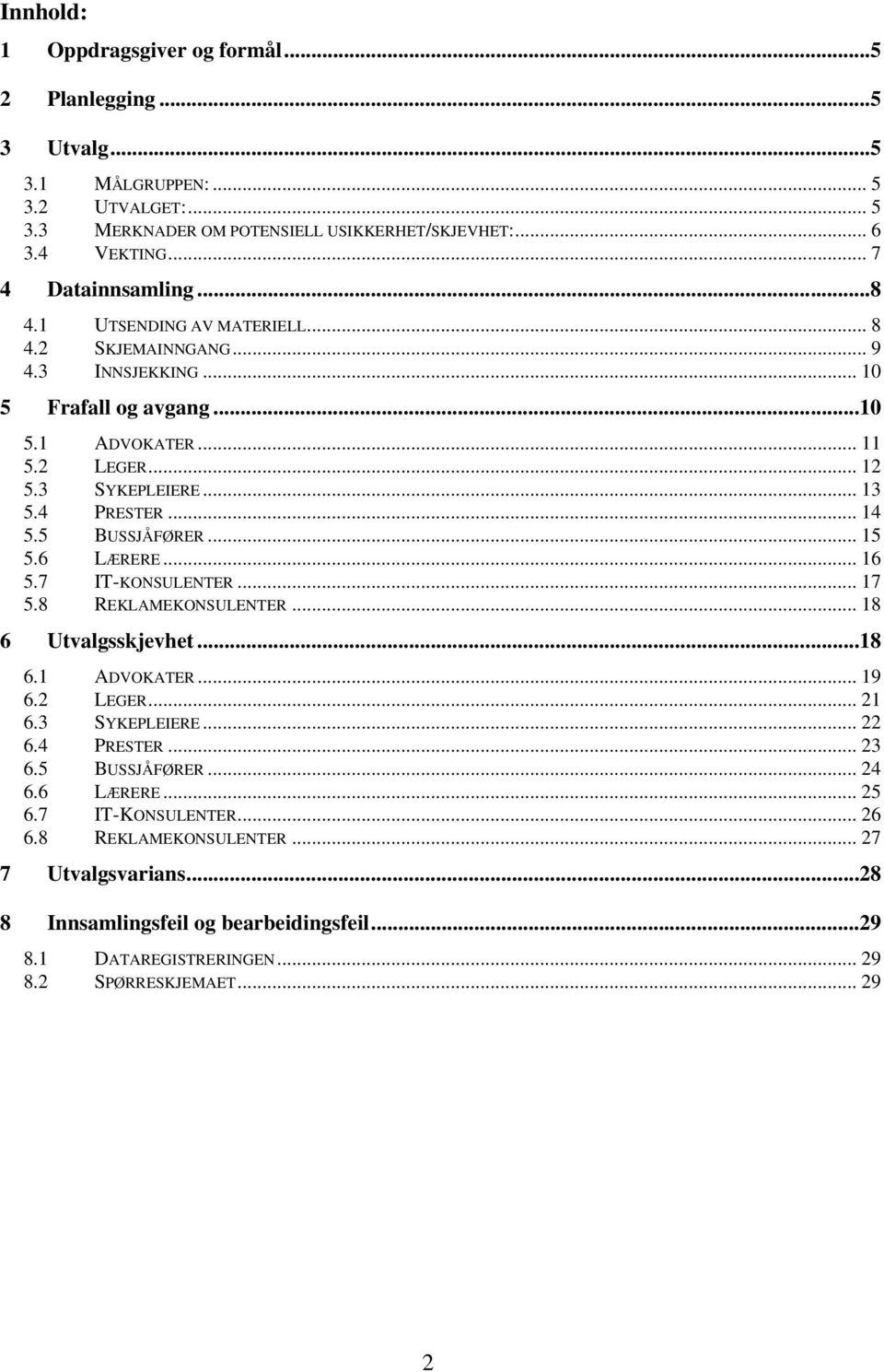 5 BUSSJÅFØRER... 15 5.6 LÆRERE... 16 5.7 IT-KONSULENTER... 17 5.8 REKLAMEKONSULENTER... 18 6 Utvalgsskjevhet...18 6.1 ADVOKATER... 19 6.2 LEGER... 21 6.3 SYKEPLEIERE... 22 6.4 PRESTER... 23 6.