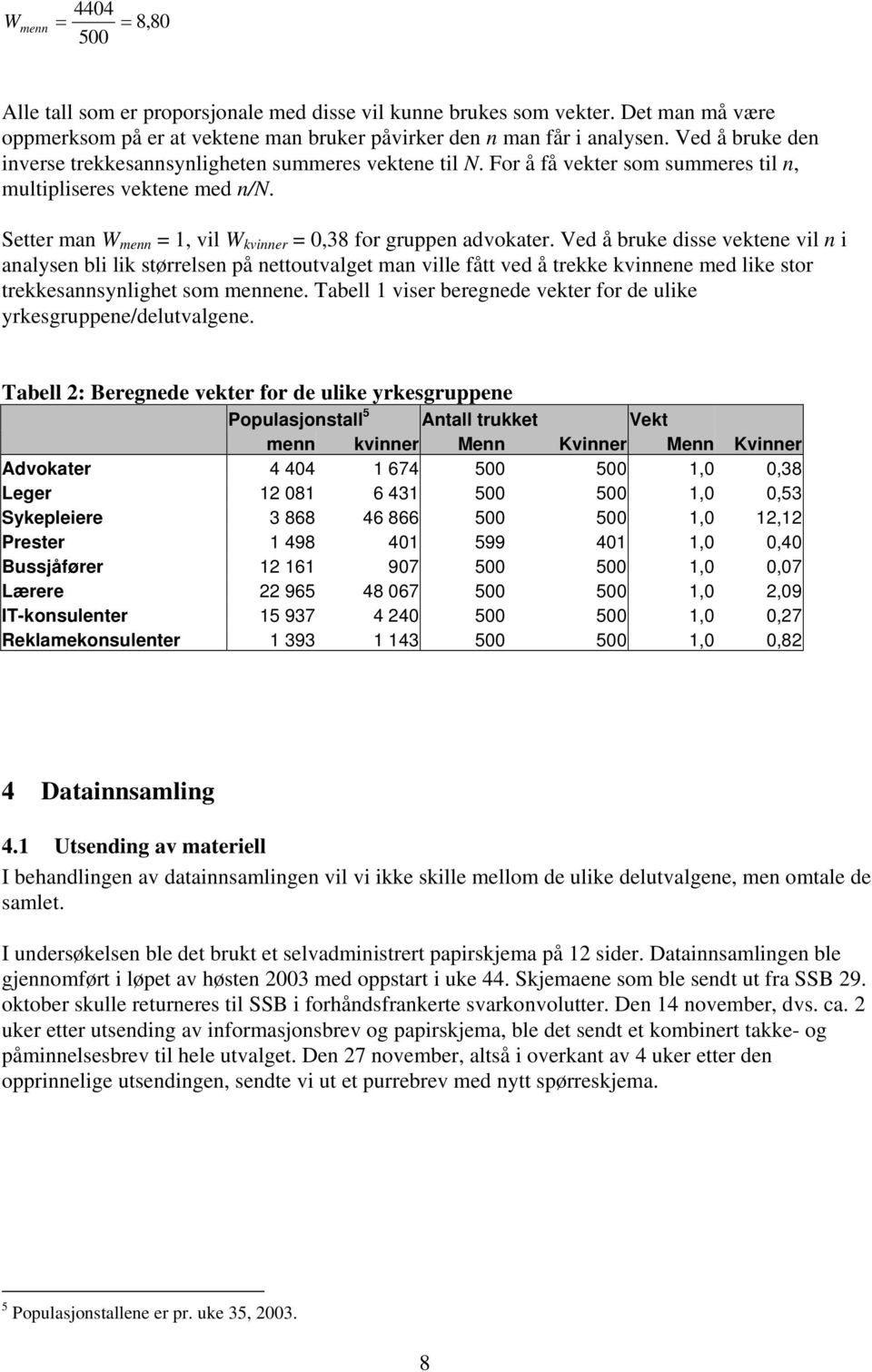 Setter man W menn = 1, vil W kvinner = 0,38 for gruppen advokater.