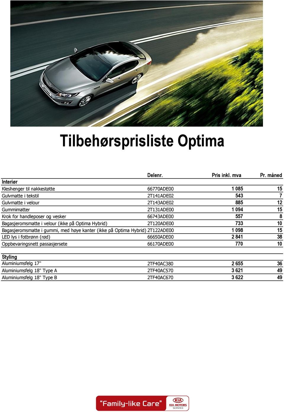 094 15 Krok for handleposer og vesker 66743ADE00 557 8 Bagasjeromsmatte i velour (ikke på Optima Hybrid) 2T120ADE00 733 10 Bagasjeromsmatte i gummi, med høye