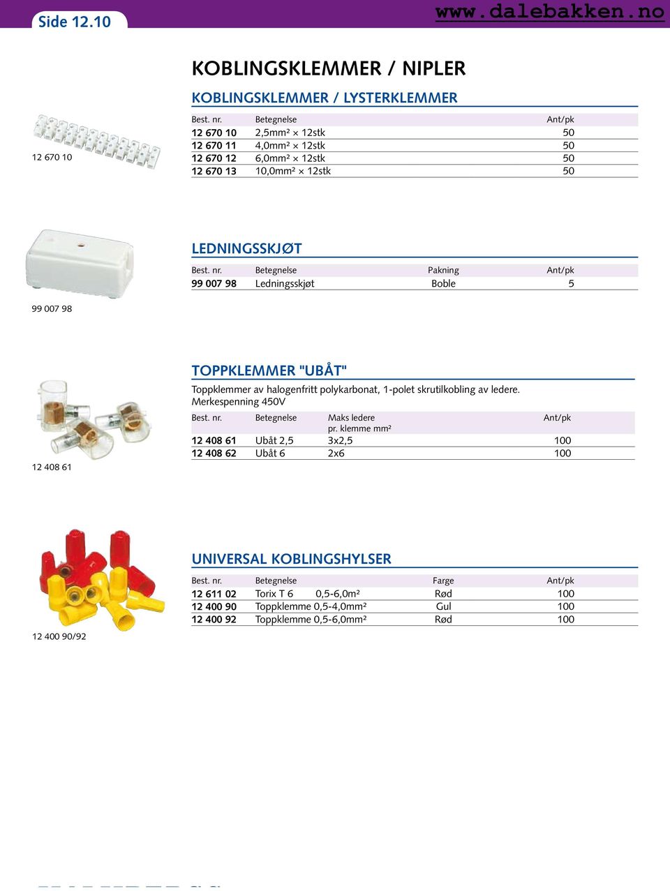 Betegnelse Pakning Ant/pk 99 007 98 Ledningsskjøt Boble 5 99 007 98 12 408 61 TOPPKLEMMER "UBÅT" Toppklemmer av halogenfritt polykarbonat, 1-polet skrutilkobling av ledere.
