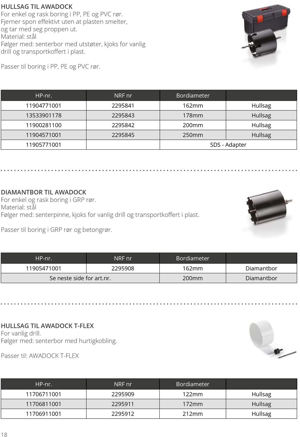 NRF nr Bordiameter 11904771001 2295841 162mm Hullsag 13533901178 2295843 178mm Hullsag 11900281100 2295842 200mm Hullsag 11904571001 2295845 250mm Hullsag 11905771001 SDS - Adapter DIAMANTBOR TIL