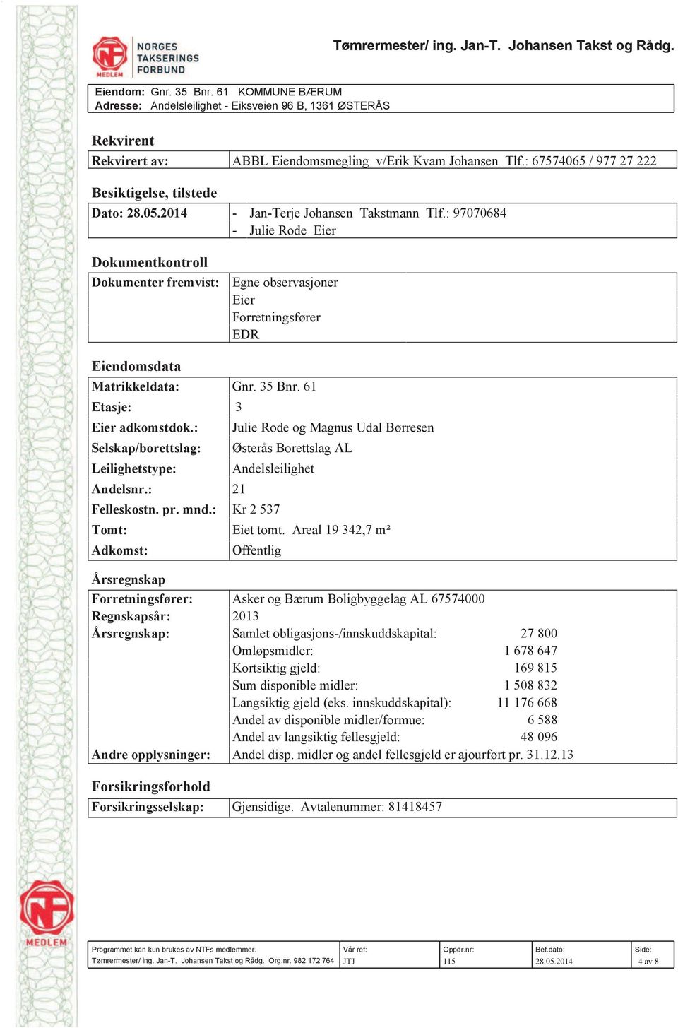 05.2014 - Jan-Terje Johansen Takstmann Tlf.: 97070684 - Julie Rode Eier Dokumentkontroll Dokumenter fremvist: Egne observasjoner Eier Forretningsfører EDR Eiendomsdata Matrikkeldata: Gnr. 35 Bnr.