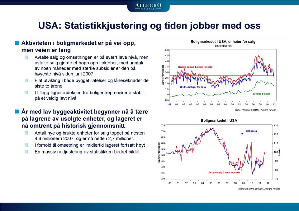 siste to årene I tillegg ligger indeksen fra boligentreprenørene stabilt på et veldig lavt nivå År med lav byggeaktivitet begynner nå å tære på lagrene av usolgte enheter, og lageret er nå omtrent på