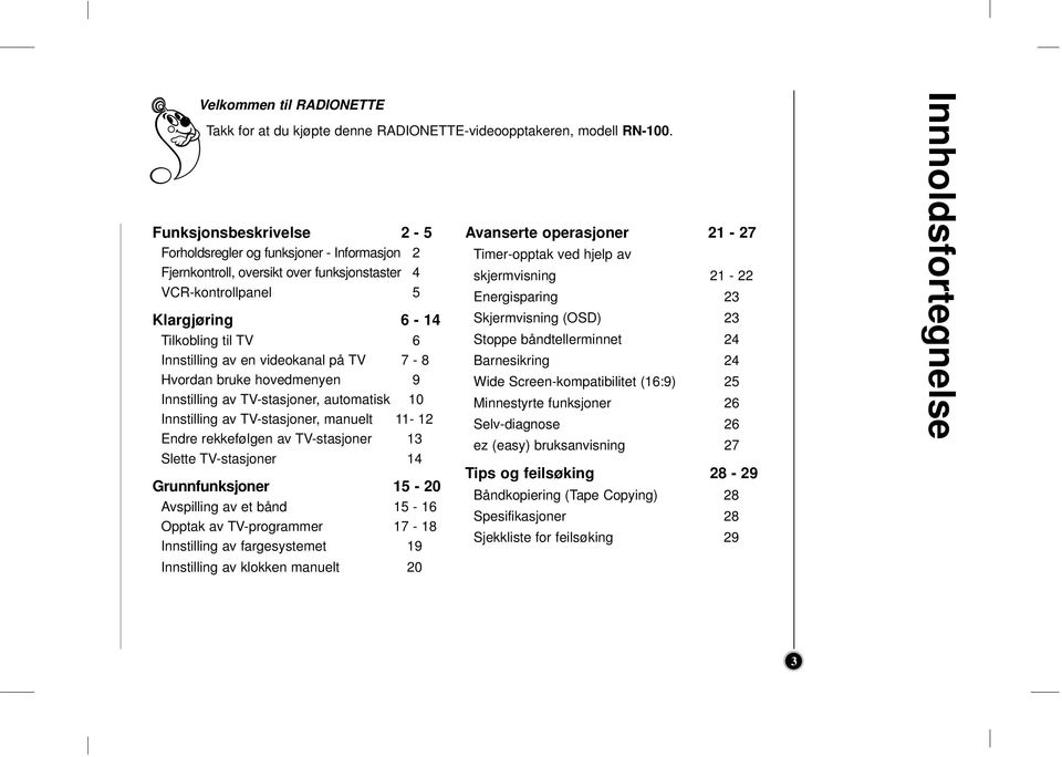 7-8 Hvordan bruke hovedmenyen 9 Innstllng av TV-stasjoner, automatsk 10 Innstllng av TV-stasjoner, manuelt 11-12 Endre rekkefølgen av TV-stasjoner 13 Slette TV-stasjoner 14 Grunnfunksjoner 15-20