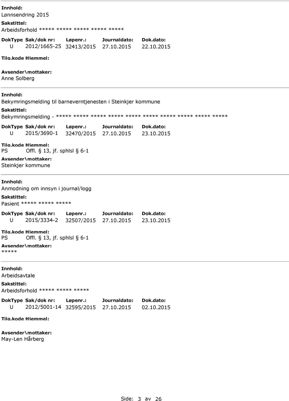 ***** ***** ***** ***** ***** ***** ***** ***** 2015/3690-1 32470/2015 Steinkjer kommune Anmodning om innsyn i