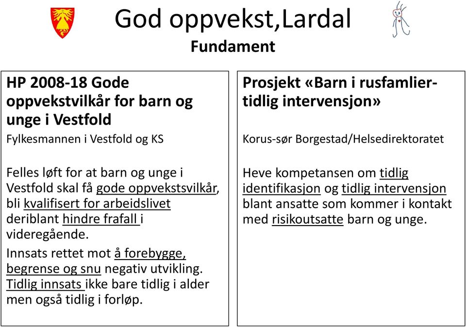 Innsats rettet mot å forebygge, begrense og snu negativ utvikling. Tidlig innsats ikke bare tidlig i alder men også tidlig i forløp.