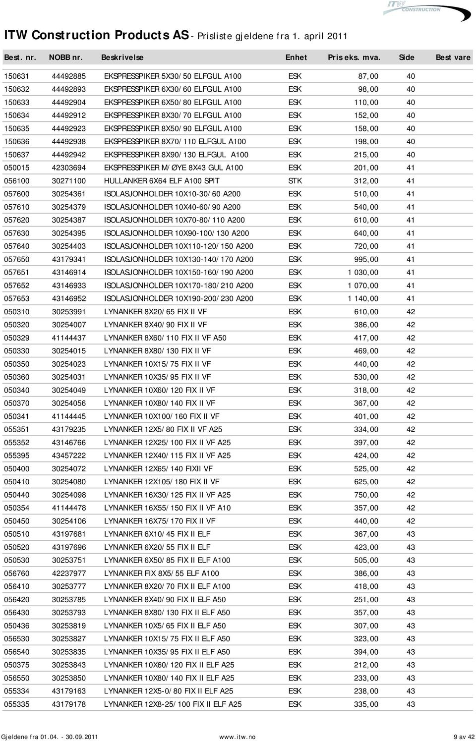 44492942 EKSPRESSPIKER 8X90/130 ELFGUL A100 ESK 215,00 40 050015 42303694 EKSPRESSPIKER M/ØYE 8X43 GUL A100 ESK 201,00 41 056100 30271100 HULLANKER 6X64 ELF A100 SPIT STK 312,00 41 057600 30254361