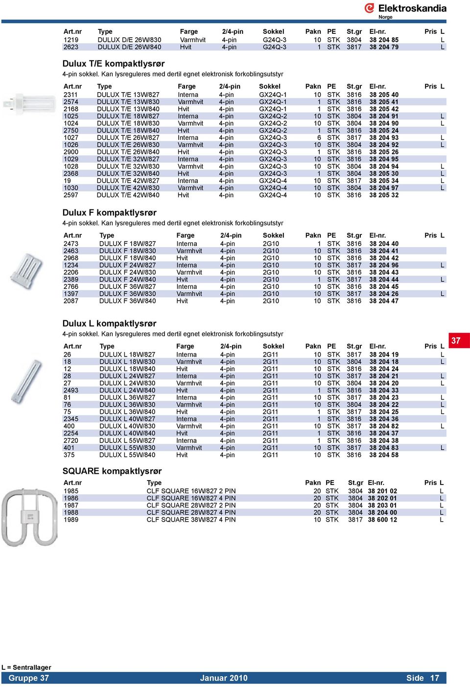 Kan lysreguleres med dertil egnet elektronisk forkoblingsutstyr  Pris L 2311 DULUX T/E 13W/827 Interna 4-pin GX24Q-1 10 STK 3816 38 205 40 2574 DULUX T/E 13W/830 Varmhvit 4-pin GX24Q-1 1 STK 3816 38