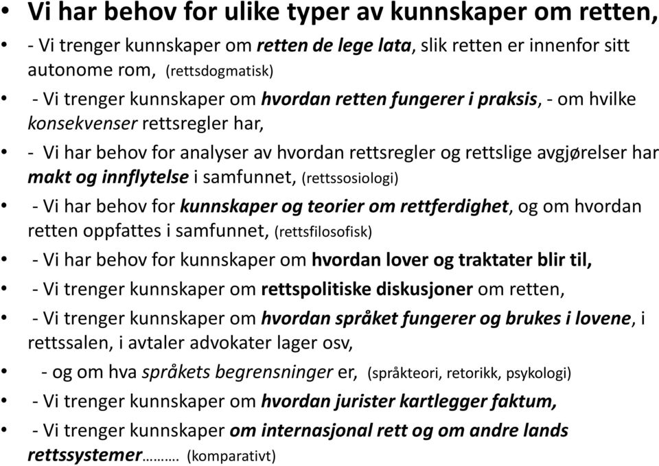 - Vi har behov for kunnskaper og teorier om rettferdighet, og om hvordan retten oppfattes i samfunnet, (rettsfilosofisk) - Vi har behov for kunnskaper om hvordan lover og traktater blir til, - Vi