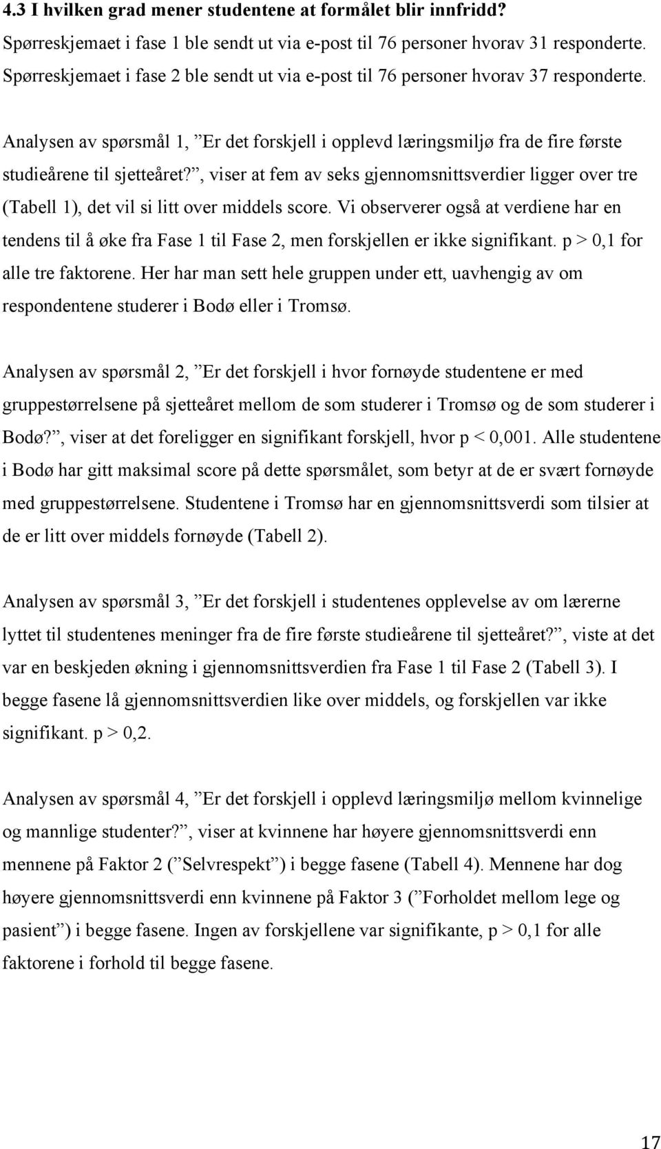 , viser at fem av seks gjennomsnittsverdier ligger over tre (Tabell 1), det vil si litt over middels score.