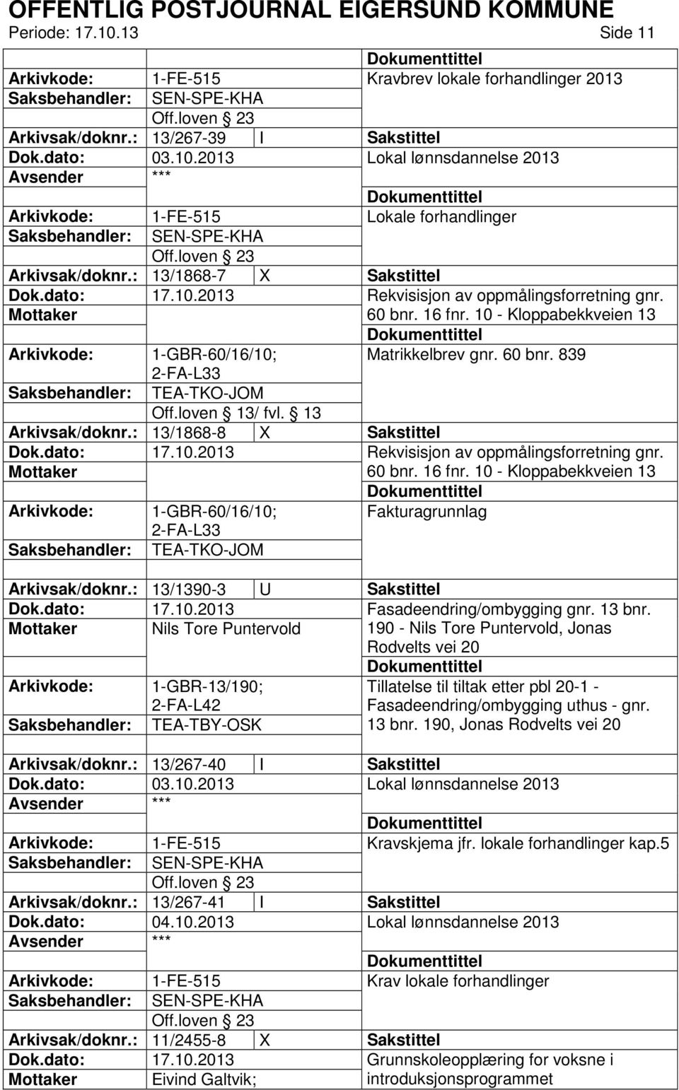 : 13/1868-8 X Sakstittel 1-GBR-60/16/10; 2-FA-L33 Rekvisisjon av oppmålingsforretning gnr. 60 bnr. 16 fnr. 10 - Kloppabekkveien 13 Fakturagrunnlag Arkivsak/doknr.