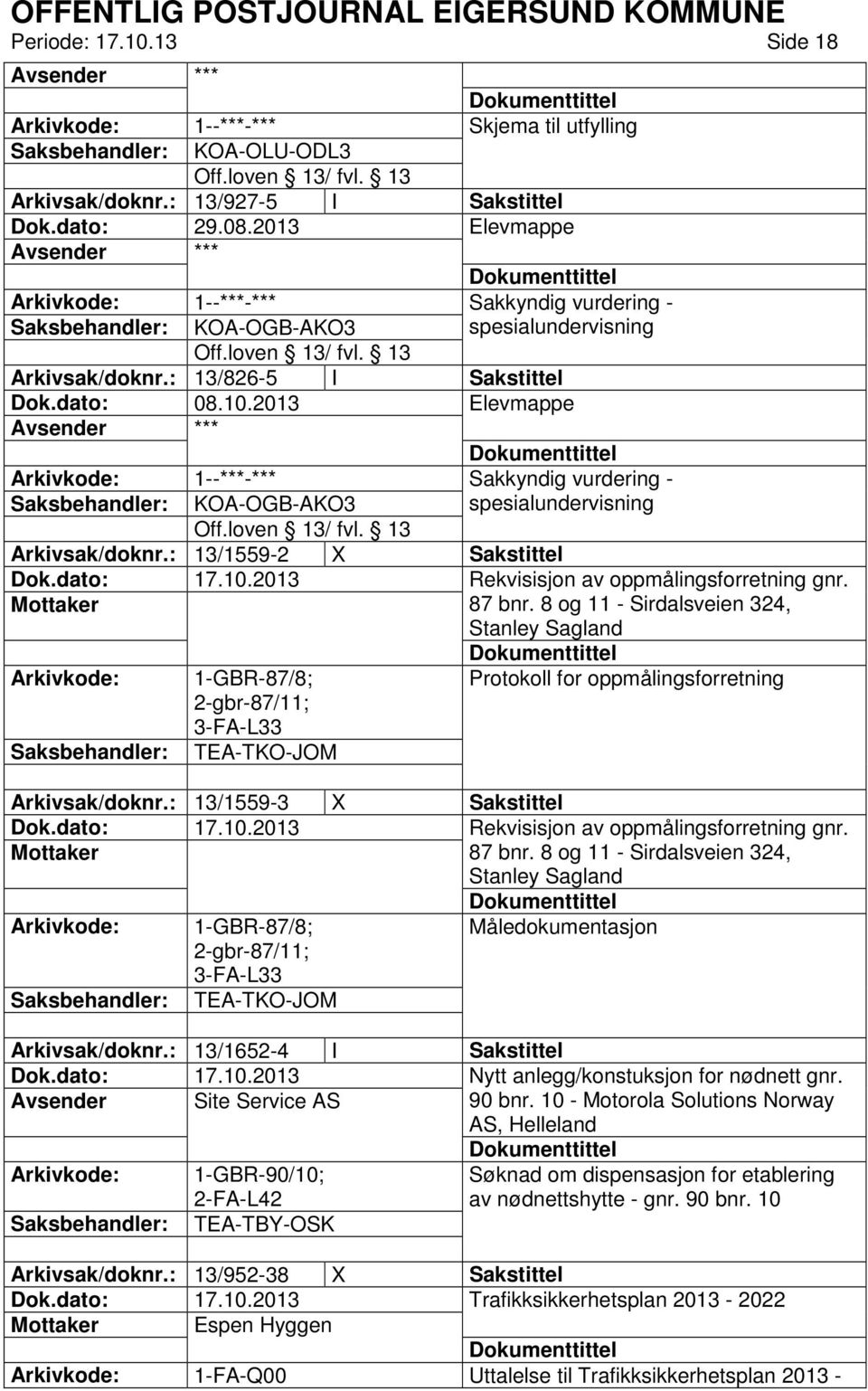 2013 Elevmappe 1--***-*** Sakkyndig vurdering - KOA-OGB-AKO3 spesialundervisning Arkivsak/doknr.: 13/1559-2 X Sakstittel Rekvisisjon av oppmålingsforretning gnr. 87 bnr.