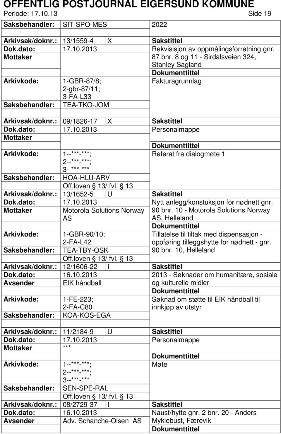 : 09/1826-17 X Sakstittel Personalmappe 1--***-***; Referat fra dialogmøte 1 2--***-***; 3--***-*** HOA-HLU-ARV Arkivsak/doknr.: 13/1652-5 U Sakstittel Nytt anlegg/konstuksjon for nødnett gnr.