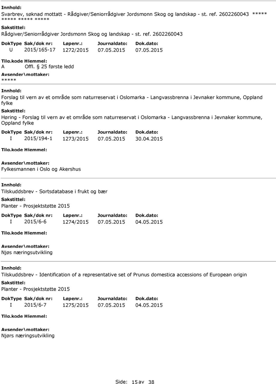 2015 Fylkesmannen i Oslo og kershus Tilskuddsbrev - Sortsdatabase i frukt og bær Planter - Prosjektstøtte 2015 2015/6-6 1274/2015 04.05.